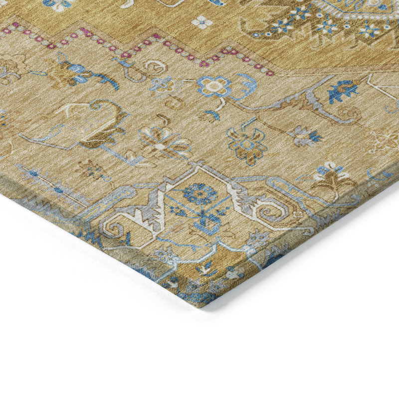 Tapis intérieur lavable oriental beige et bleu doré 5 pi x 8 pi