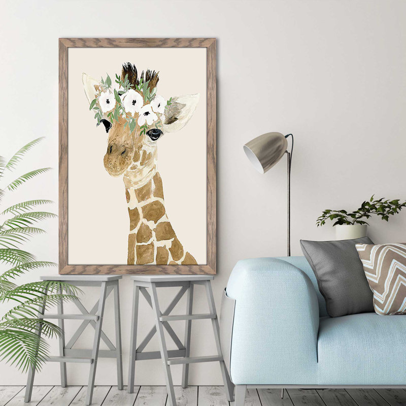 Petite girafe par Lucille Price - Peinture, Cadre taupe délavé, H 27,5 po x l 21,5 po x P 0,75 po