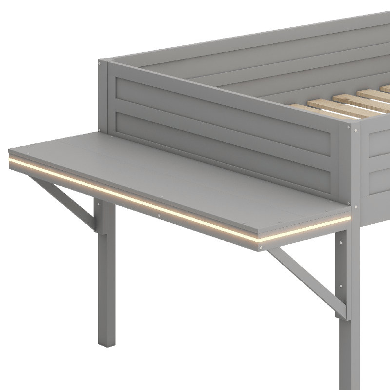 Lit double avec bureau et lumières DEL, lit mezzanine bas avec barrière de sécurité et échelle, lit mezzanine en bois pour petit espace traditionnel, aucun sommier nécessaire