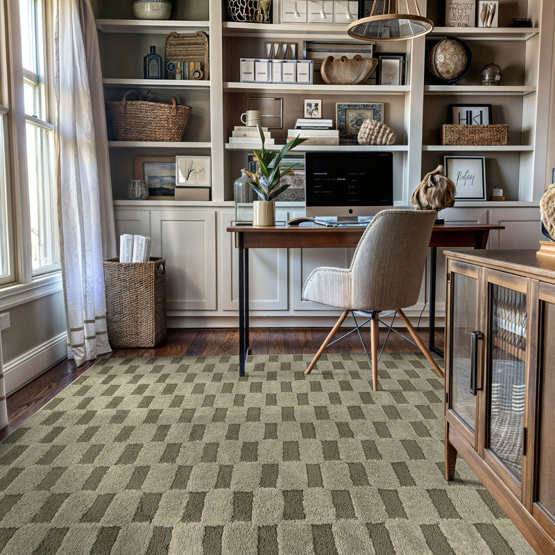 Tapis d'intérieur à damier vert sauge tissé à la machine, doux et moelleux, à hauteur variable., Vert, 5 pi x 7 pi