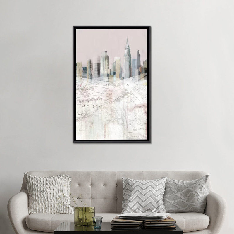 «Blush Manhattan Map II» par Isabelle Z - impression d'art graphique, Toile avec cadre noir patiné, Aucun mat