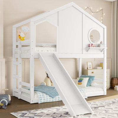 Twin Size Solid Wood House Bunk Bed with Slide & Storage Shelves | Window Design, Childlike Style, White