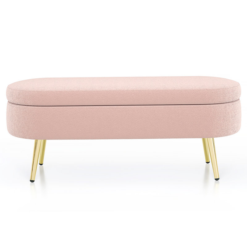 Ottoman Oval Storage Bench, Flannel With Metal Legs-Pink(43.5"X16"X16"), Pink