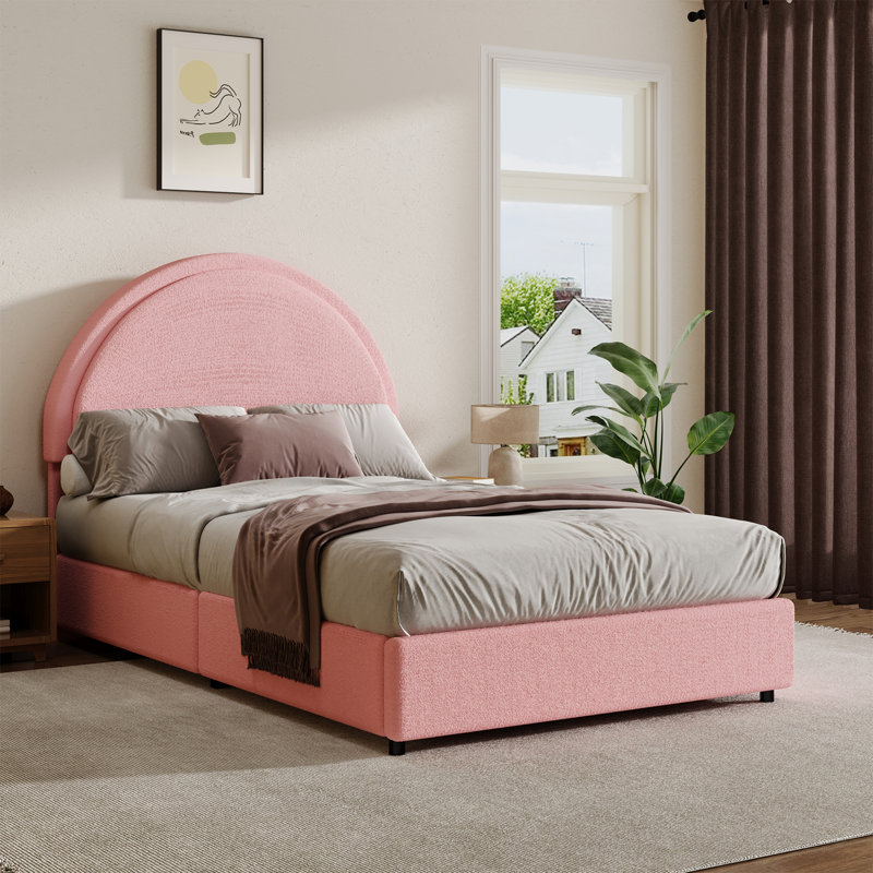 Bensu Luxury Curve-Shaped Headboard Bed Frame, Elegant Boucle Upholstered Platform Bed with Modern Design, Twin, Pink