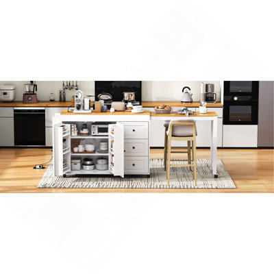74.8" Kitchen Island With Extendable Dining Table, Kitchen Storage Cart With 3 Drawers, Power Outlet, Rolling Kitchen Island On Wheels With Spice Rack And 2 Door Cabinet, For Kitchen