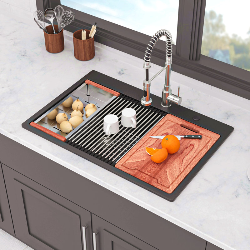 Quartz Kitchen Sink - 33" X 22" Granite Composite Double Bowl (60/40) Workstation Topmount Drop-In Kitchen Sink, Black