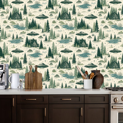 Peel and Stick Wallpaper Forest Green Cream Abduction Funny Novelty Custom Removable Contact Paper Removable Self Adhesive Wall Mural Wall Decor for Bedroom Kitchen Cabinets 24in x 118in