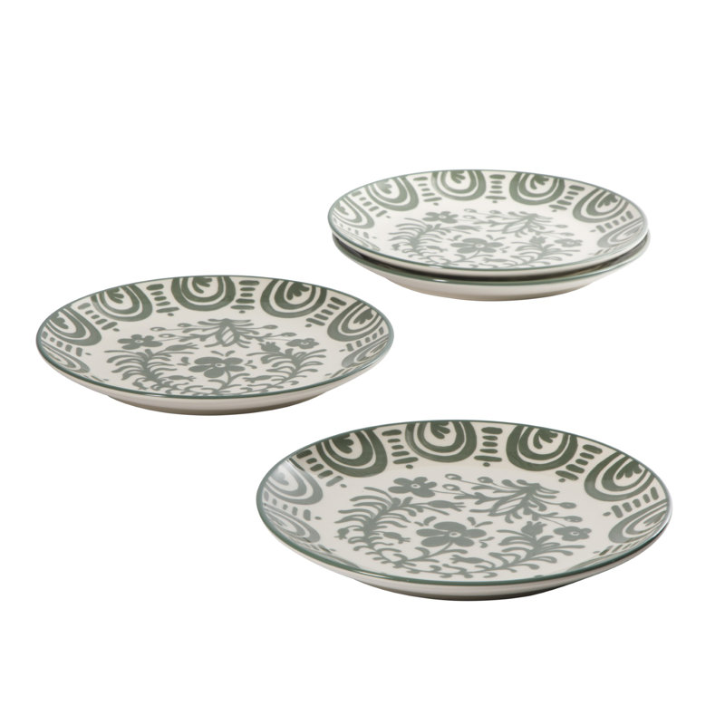 Bloomhouse - 2-Time Oprah’s Favorite Things - Ensemble de 4 assiettes à dessert et à salade Valencia Flor, assiettes en grès de 8,75 po, motif floral méditerranéen, vert fougère