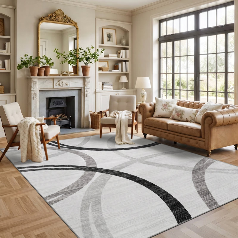 Tapis géométrique abstrait moderne lavable à la machine avec envers antidérapant, White, Rectangle 9'x12'