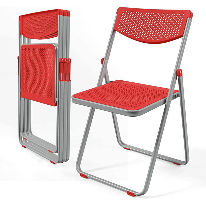 Red Openwork Pattern Plastic Folding Chairs(Set Of 4)