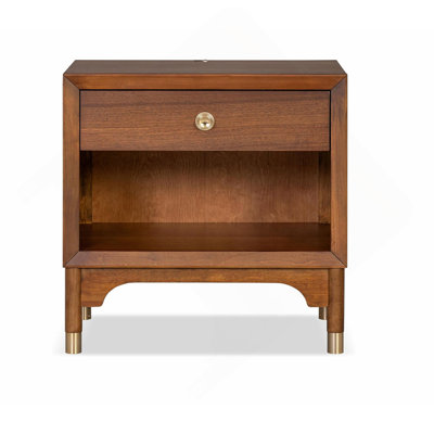 Mid Century Modern Style 1pc Nightstand English Dovetail Drawer USB Port Gold Capped Legs Walnut Finish Bedroom Furniture