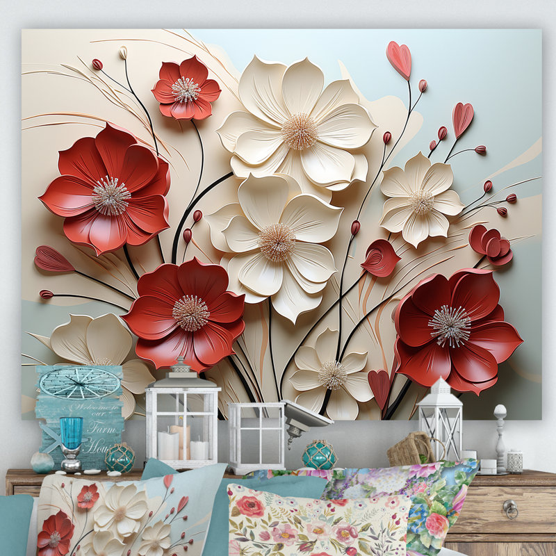 Rouge et blanc cramoisi fleur s Étreinte - art mural fleur, H 34 po x l 44 po, Toile tendue, Sans cadre