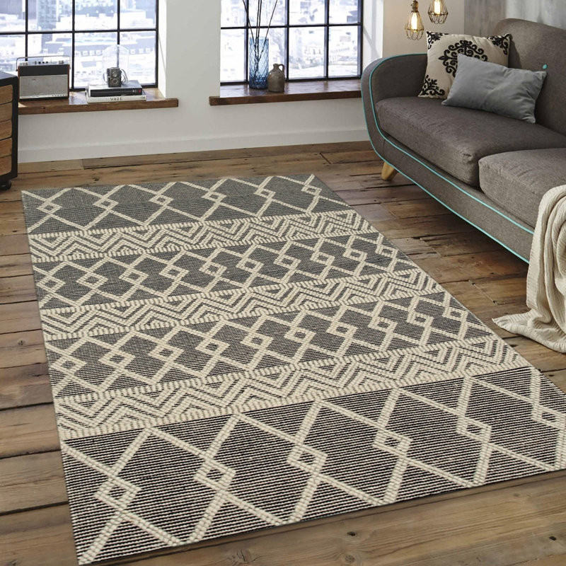 Tapis noir en laine fabriqué à la main Modern Kilim, Rectangle 9 pi x 12 pi