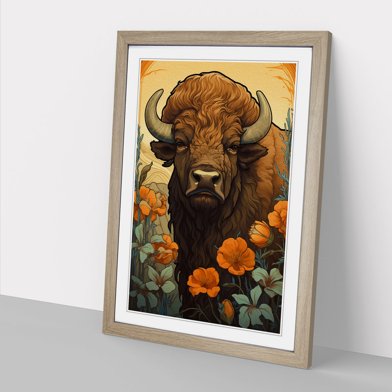Bison Nouveau No.2 - Single Picture Frame Print on Wood, 64cm H x 46cm W x 2cm D, Oak Framed