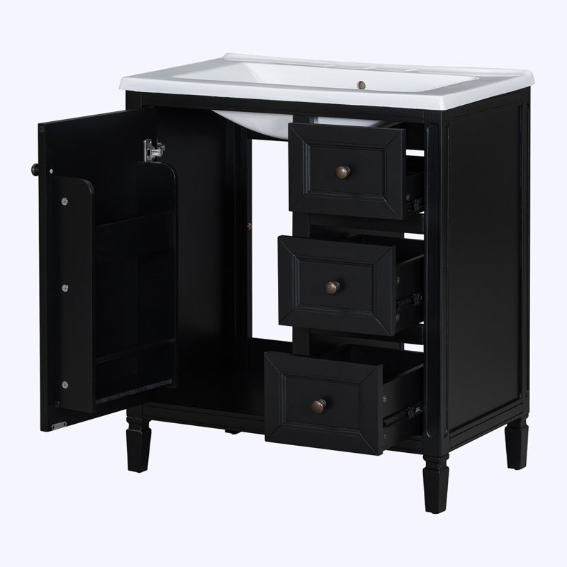 Meuble-lavabo de salle de bain avec lavabo en résine et trois tiroirs, Noir, noir, noir, noir