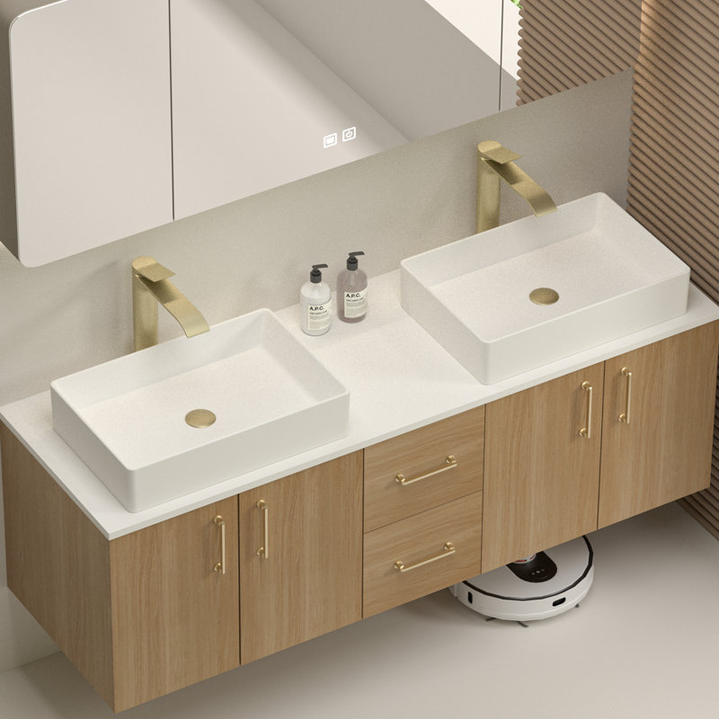 Plateau de meuble-lavabo double blanc en quartz l 60 po x P 19,48 po Ivora avec lavabo vasque rectangulaire Ivora, 60