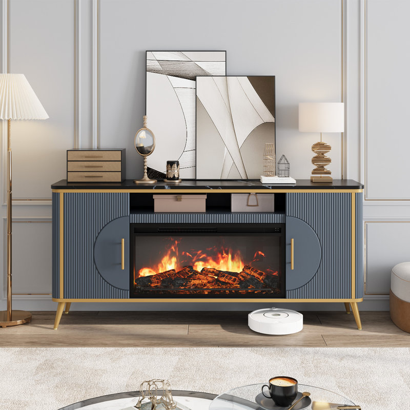 Light Luxury Style Collection 66" Electric Fireplace With 30" Insert-Navy Blue, Blue
