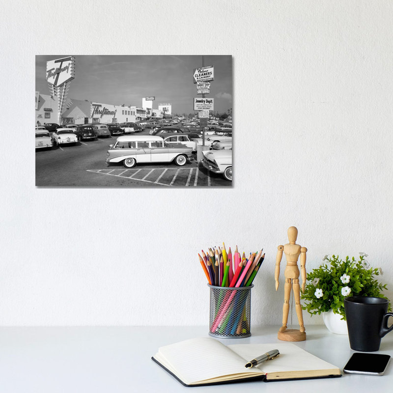 1950s Shopping Center Parking Lot - Wrapped Canvas Print, 20.32 cm H x 30.48 cm W