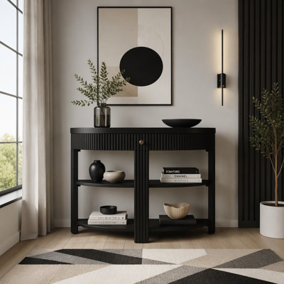 Console cannelée demi-lune avec tiroir et 2 tablettes, table d'entrée demi-lune, canapé de couloir moderne en bois avec rangement