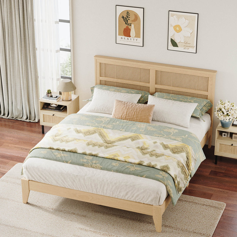 Queen Size Boho Solid Wood Platform Bed with Rattan Headboard, Coastal Bedroom Furniture, Natural, Queen, No