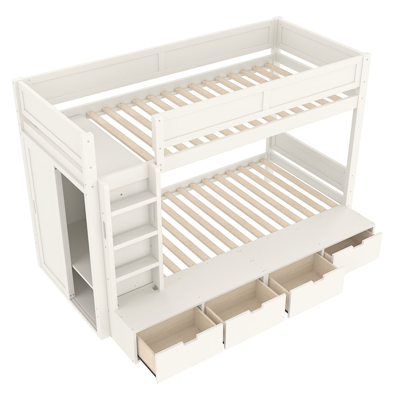 Twin over Twin Solid Wood Bunk Bed with 4 Storage Drawers, Built-in Wardrobe, Full-Length Guardrails, Ivory, Ivory