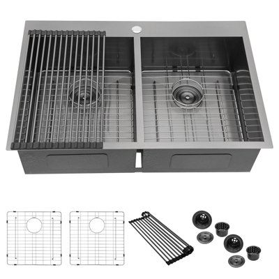 33" Drop-in Double Bowl Sink, 16 Gauge Gunmetal Black Stainless Steel Kitchen Sink With Dual 9" Depth