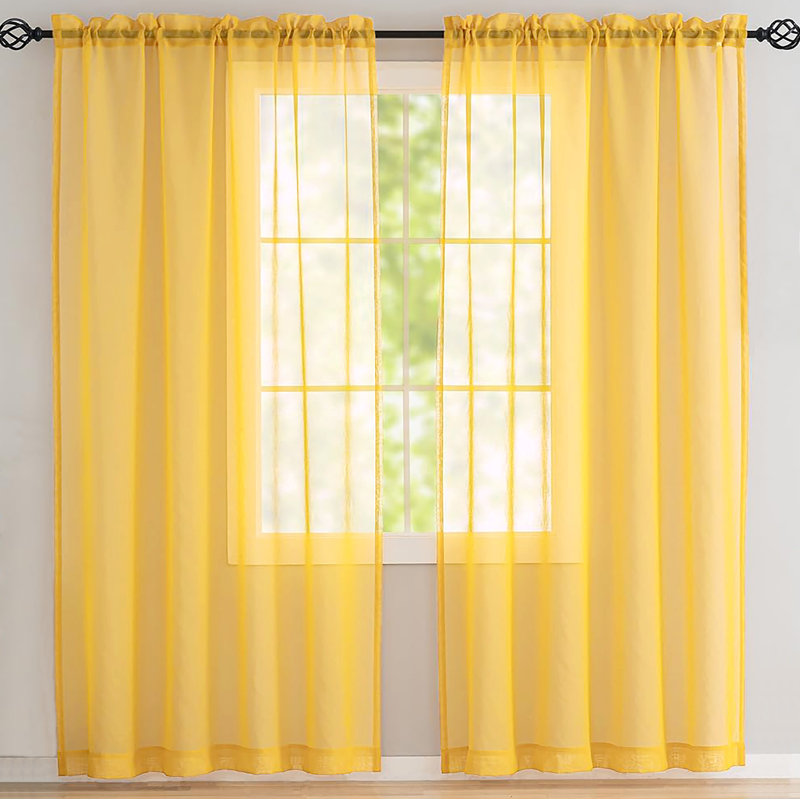 Sheer Window Rod Pocket Curtain Set - 63" Inches Long (2 Panels), Yellow