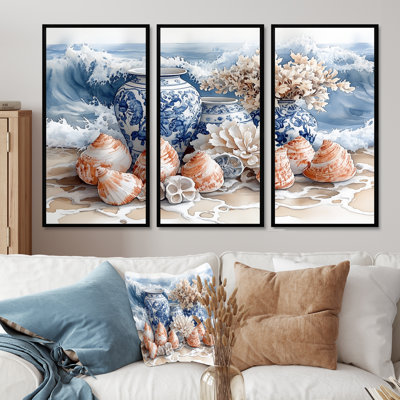 Floral Beach Pottery In Blue And White Tones I - Beach Pottery Wall Art Set