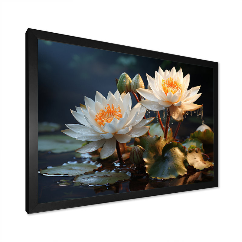 «White Yellow Lotus Field I» sur toile, Cadre simple noir, H 12 po x l 20 po x P 1 po