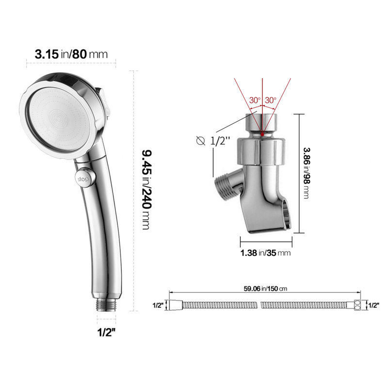 Chrome 3-Mode Handheld Shower Head With Pause Switch And Adjustable Bracket, Chrome