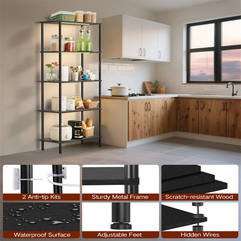 Metal Etagere Bookcase, (5 Shelves) 170.5cm H x 60cm W x 30cm D, Black