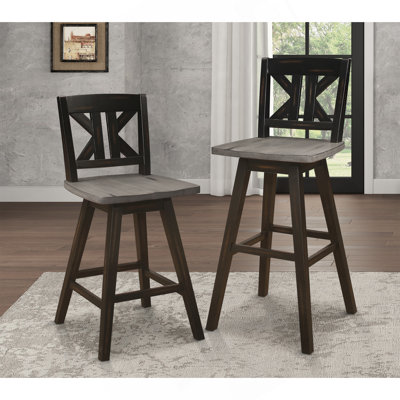 Pub Height Chairs Set Of 2, Distressed Gray And Black 360-Degree Swivel Chair Solid Rubberwood Furniture, Divided X-Back Bar Chairs