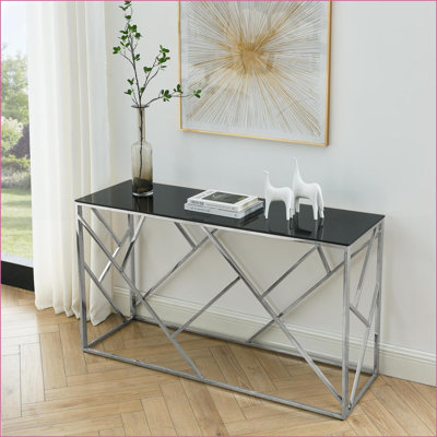Table basse 55 po en métal chromé robuste et en verre noir pour salon, moderne et facile à assembler