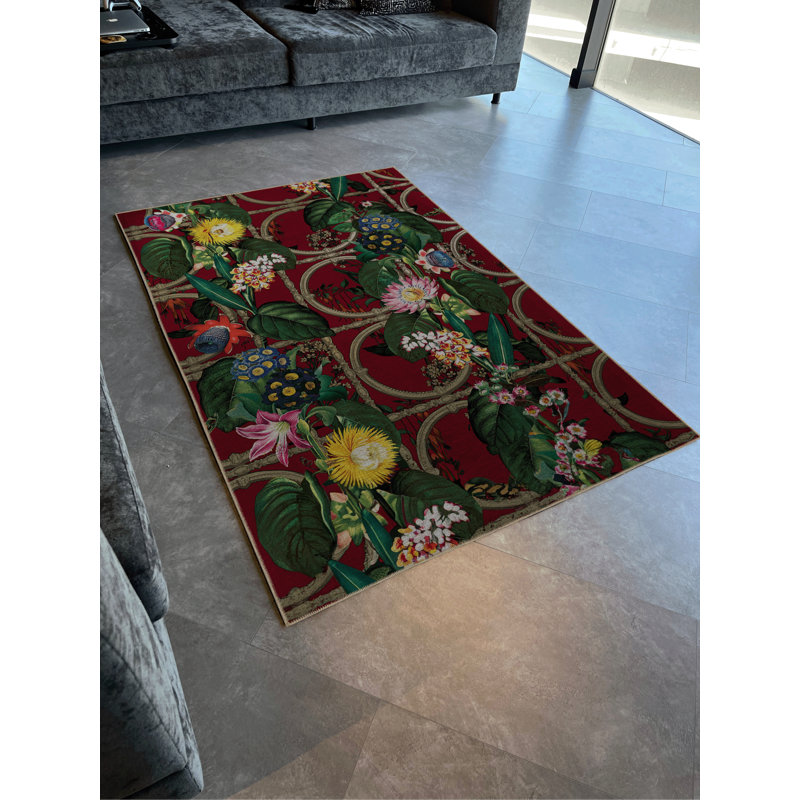 Tapis décoratif rouge multicolore à motif floral de vigne rouge, Rectangle 4 pi 11 po x 9 pi 10 po