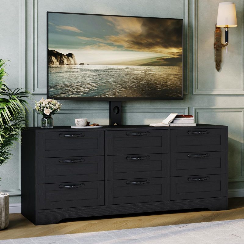 Meuble télé 9 tiroirs avec support pour téléviseur de 32 à 85 po, meuble audio-vidéo moderne avec tiroirs, console média pour le salon de la chambre à coucher, noir