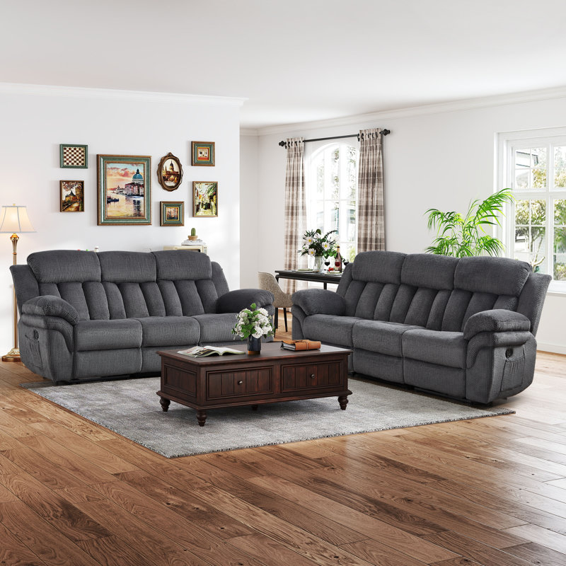 87.4'' Wide Pineapple-Textured Chenille Manual Reclining Sofa With Overstuffed Comfort (Set Of 2), Slate Gray
