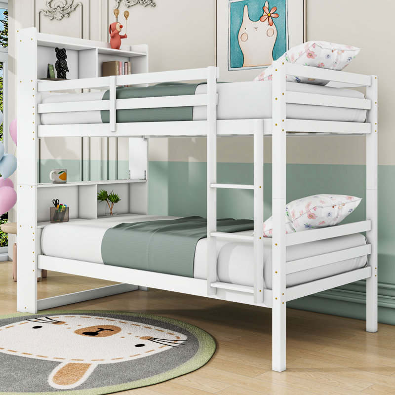 Lit simple superposé simple en bois avec rangement intégré et tête de lit intégrée, Blanc