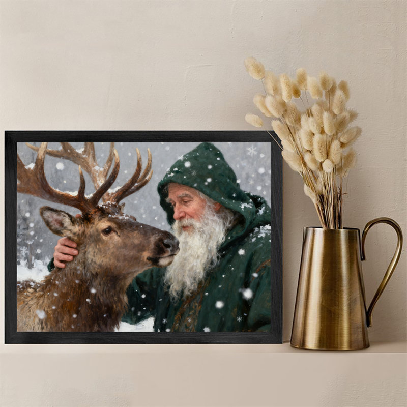 Art mural rétro noir encadré père Noël et renne dans la forêt d'hiver, H 9 po x l 11 po