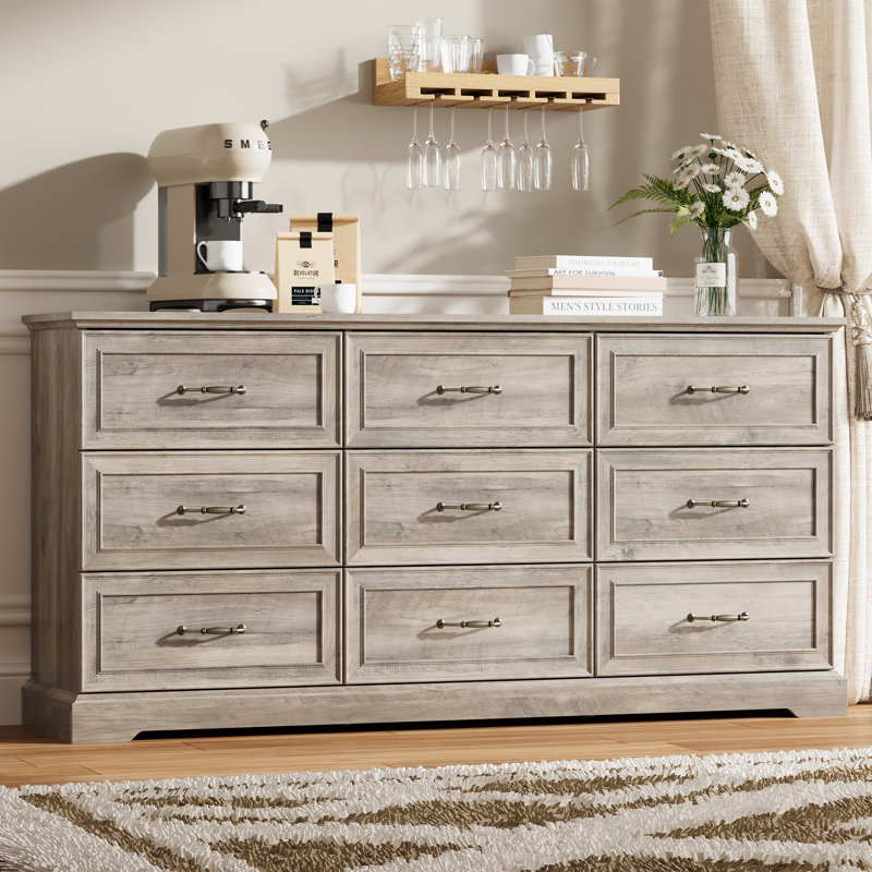 Commode à 9 tiroirs de 62,99 po, commode de chambre moderne avec poignées en métal et base renforcée, Gris