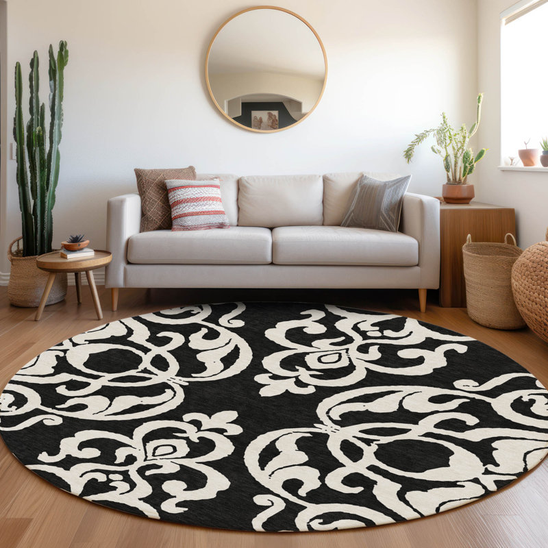 Premium Machine Washable Prisco Black Rug, Round 8'
