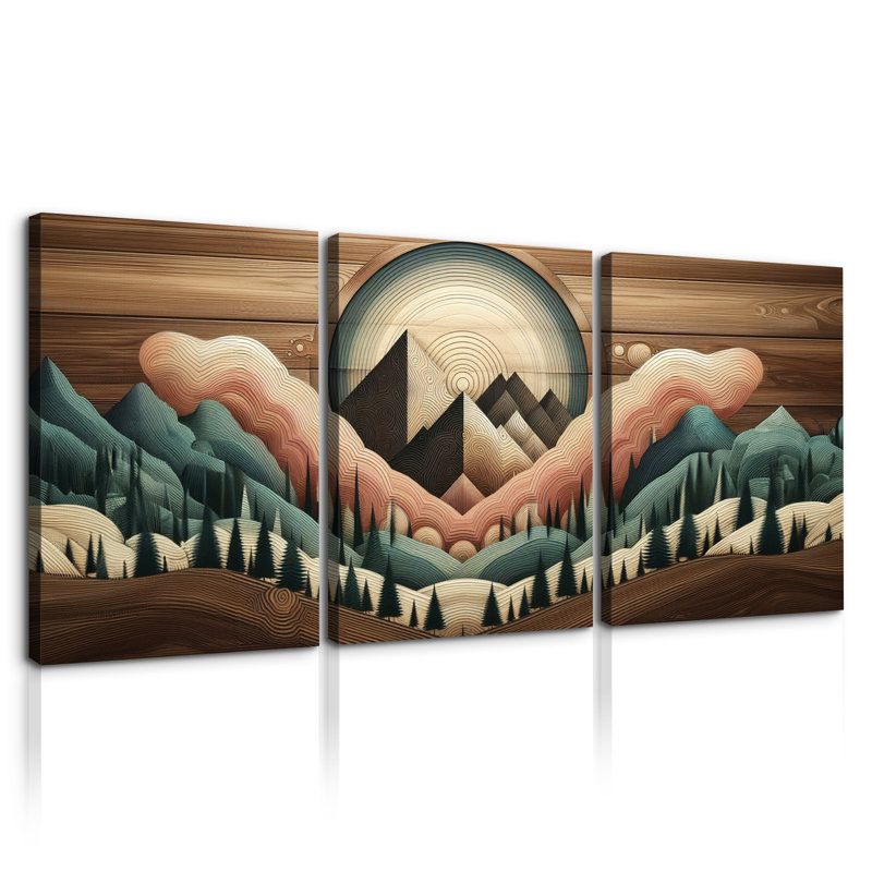 Montagne de grain de bois encadré sur toile, 3 pièces, H 12 po x l 18 po x P 4,5 po