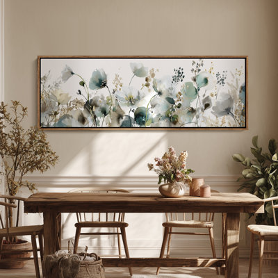 Large Framed Canvas Wall Art - Elegant Neutral Floral with Gold Accents Decor - 60"x20", 60"x30"