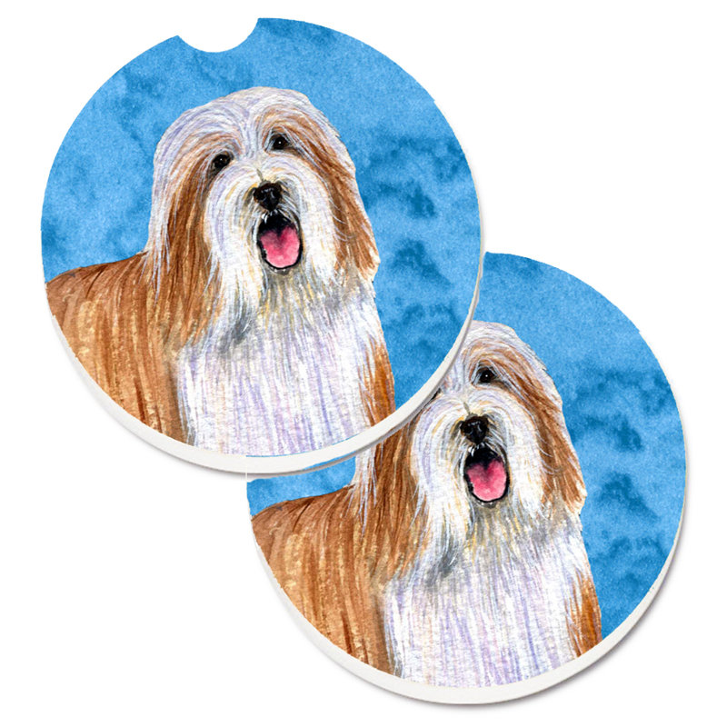 Ceramic Round 2 Piece Car Coaster Set, Brown Bearded Collie