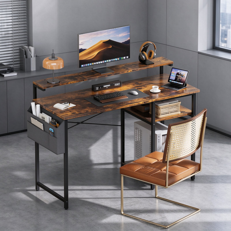 LED Corner Workstation, Home Office Computer Desk with Monitor Riser, Height Customisable Storage Shelf and Large Hanging Storage Bag for Remote Employees
