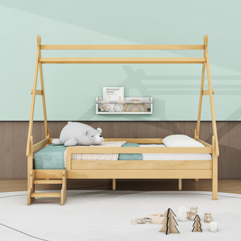 House Bed with Stairs and Roof, Natural, Full
