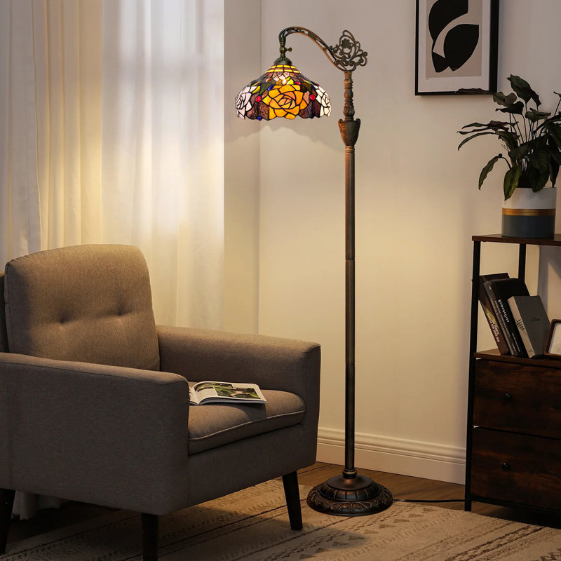 63"H Tiffany Style Floor Lamp with Stained Glass Shade and Resin Base, Black Background Rose Pattern