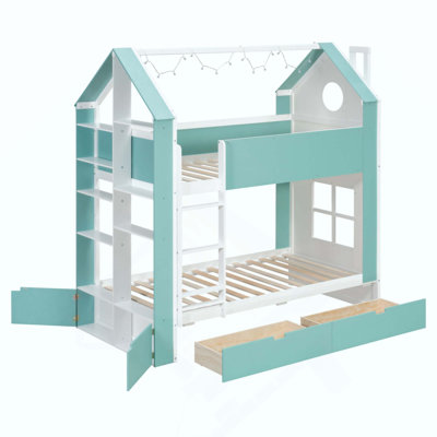 Lit cabane avec tiroirs et étagères de rangement, lit superposé moderne en bois bicolore avec bande lumineuse, mobilier de chambre gain de place