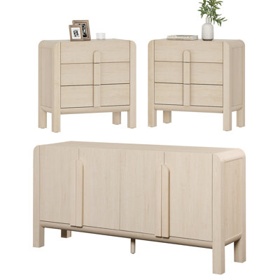 3 Pcs Bedroom Set,Mid Century Dresser And Nightstand Sets For Bedroom, Modern Dresser With Curved Profile Design, Wooden Chest Of Drawers Storage Cabi by Ebern Designs