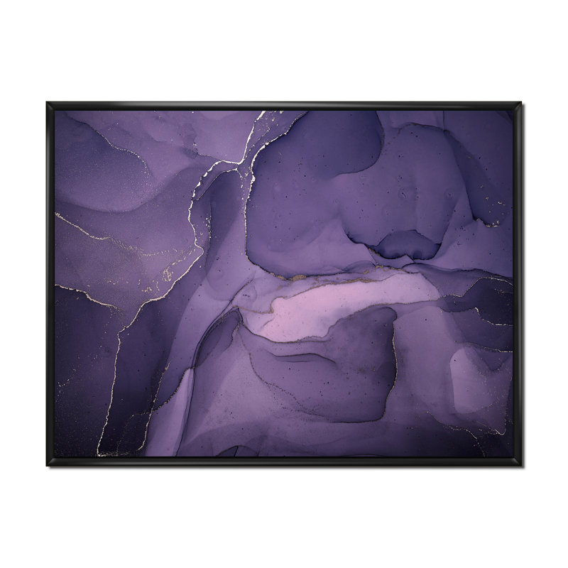 " Purple And Grey Marble Ink Clouds II ", 30" H x 40" W x 1.5" D, Black Floater Framed