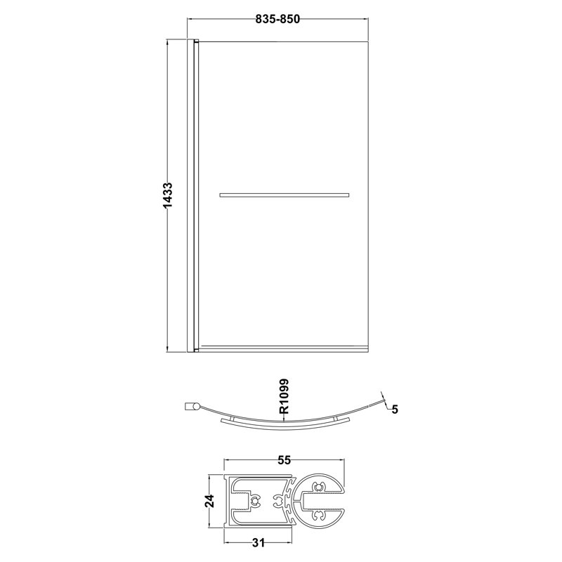 Pacific 870mm W x 1435mm H Hinged Semi-Frameless Tub Door with Clear Glass